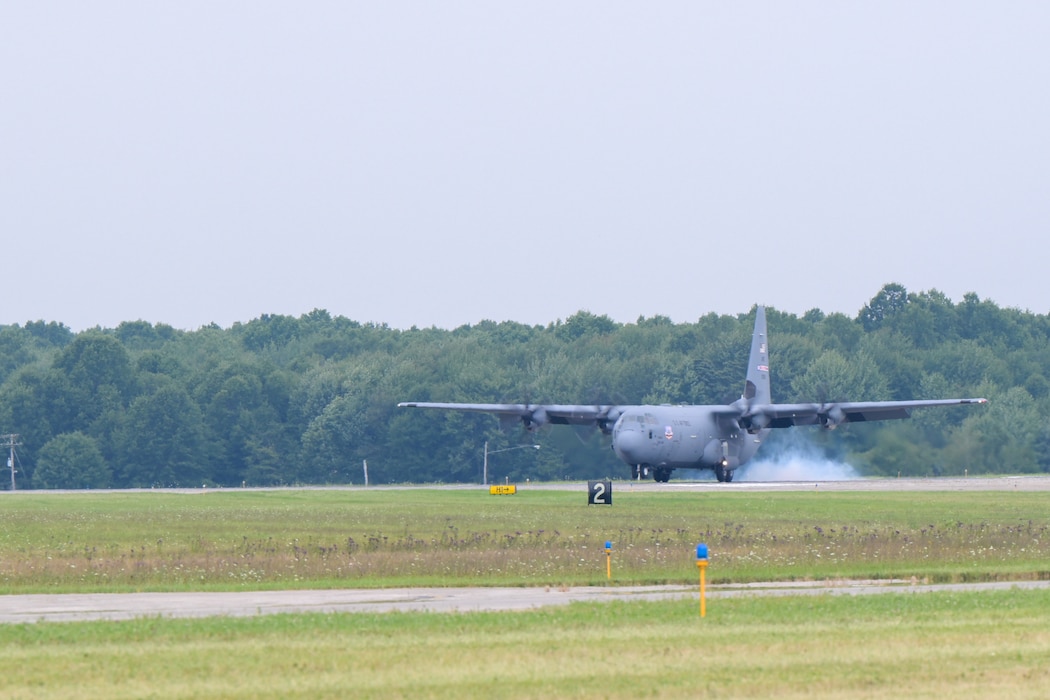 A C-130J Super Hercules aircraft lands during a touch-and-go maneuver at Youngstown Air Reserve Station, Ohio, during its maiden flight as the 910th Airlift Wing's newest aircraft, Aug. 16, 2024.