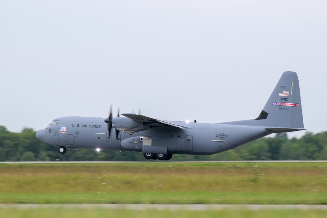 A C-130J Super Hercules aircraft takes off at Youngstown Air Reserve Station for its maiden flight as the 910th Airlift Wing's newest aircraft, Aug. 16, 2024.