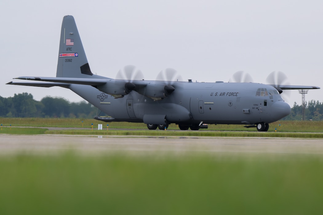 A C-130J Super Hercules aircraft taxis at Youngstown Air Reserve Station, Ohio, after its maiden flight as the 910th Airlift Wing's newest aircraft, Aug. 16, 2024.