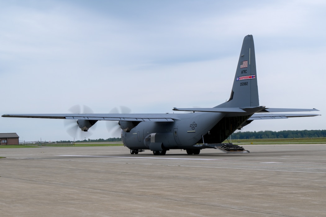 A C-130J Super Hercules aircraft performs a tactical cargo offload at Youngstown Air Reserve Station, Ohio, Aug. 16, 2024, after its maiden flight as the 910th Airlift Wing's newest aircraft.