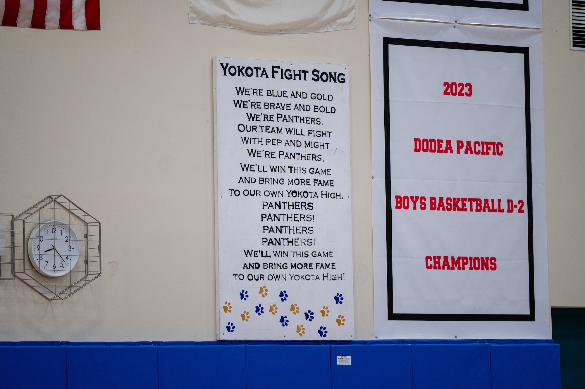The song for Yokota High School is displayed on the wall of the YHS gym on Yokota Air Base, Japan.