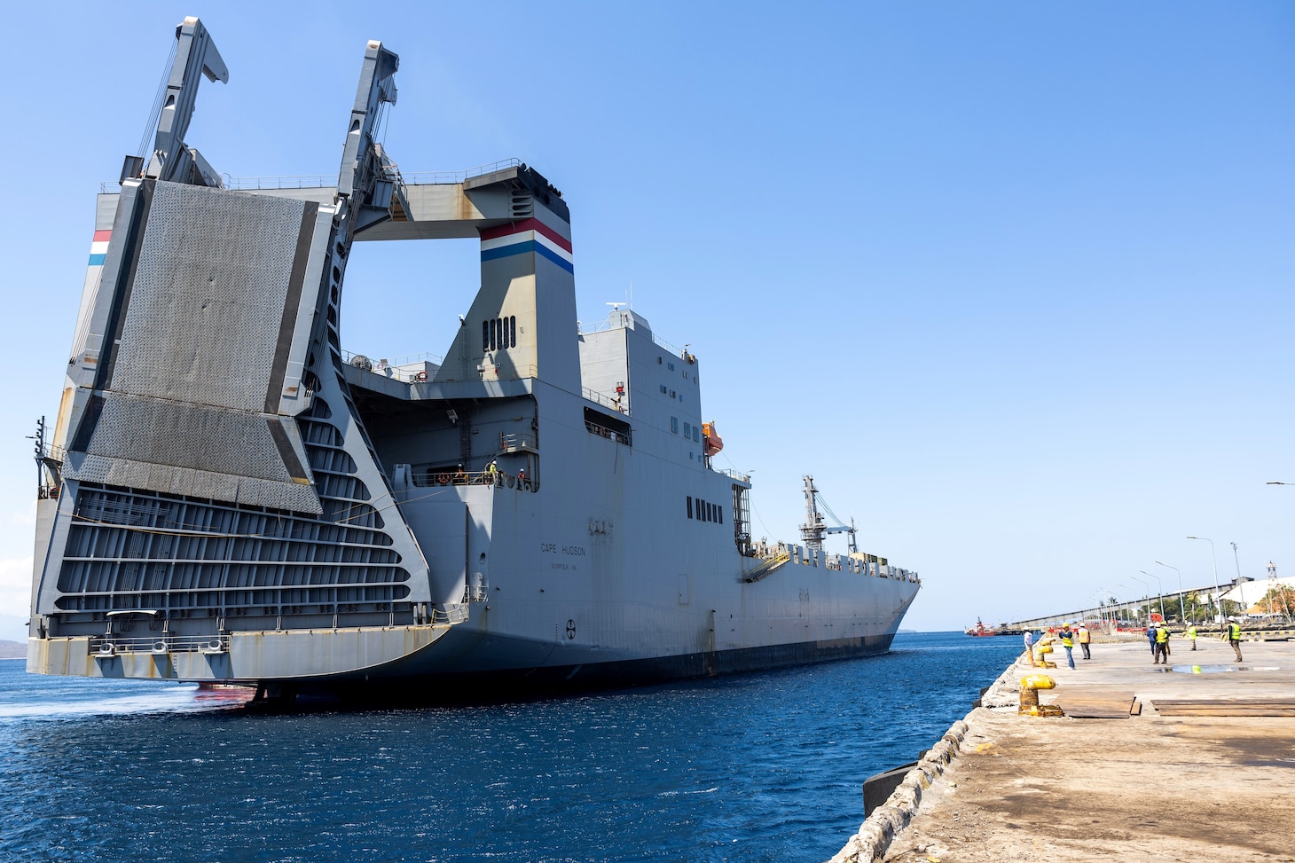 Military Sealift Command chartered ship MV Cape Hudson (T-AKR 5066) arrives at the Port of Banyuwangi, Indonesia, to offload equipment in support of exercise Super Garuda Shield 2024, Aug. 12. Super Garuda Shield, one of the largest multinational exercises in the Indo-Pacific region, continues to solidify the U.S.-Indonesia Major Defense Partnership Defense Cooperation Agreement and advances cooperation in support of a free and open Indo-Pacific region. (Navy photo by Grady T. Fontana)