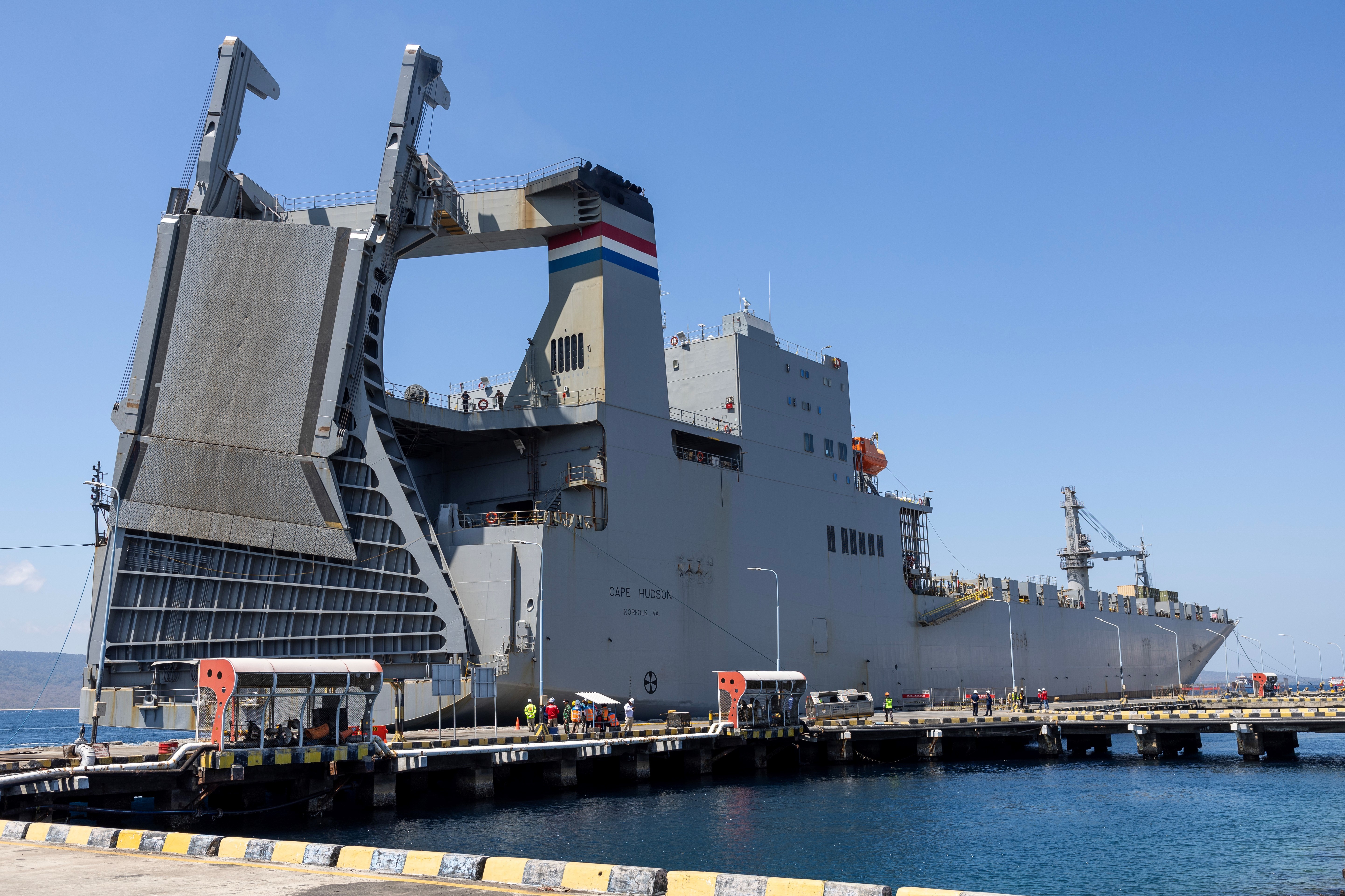 Military Sealift Command chartered ship MV Cape Hudson (T-AKR 5066) arrives at the Port of Banyuwangi, Indonesia, to offload equipment in support of exercise Super Garuda Shield 2024, Aug. 12. Super Garuda Shield, one of the largest multinational exercises in the Indo-Pacific region, continues to solidify the U.S.-Indonesia Major Defense Partnership Defense Cooperation Agreement and advances cooperation in support of a free and open Indo-Pacific region. (Navy photo by Grady T. Fontana)