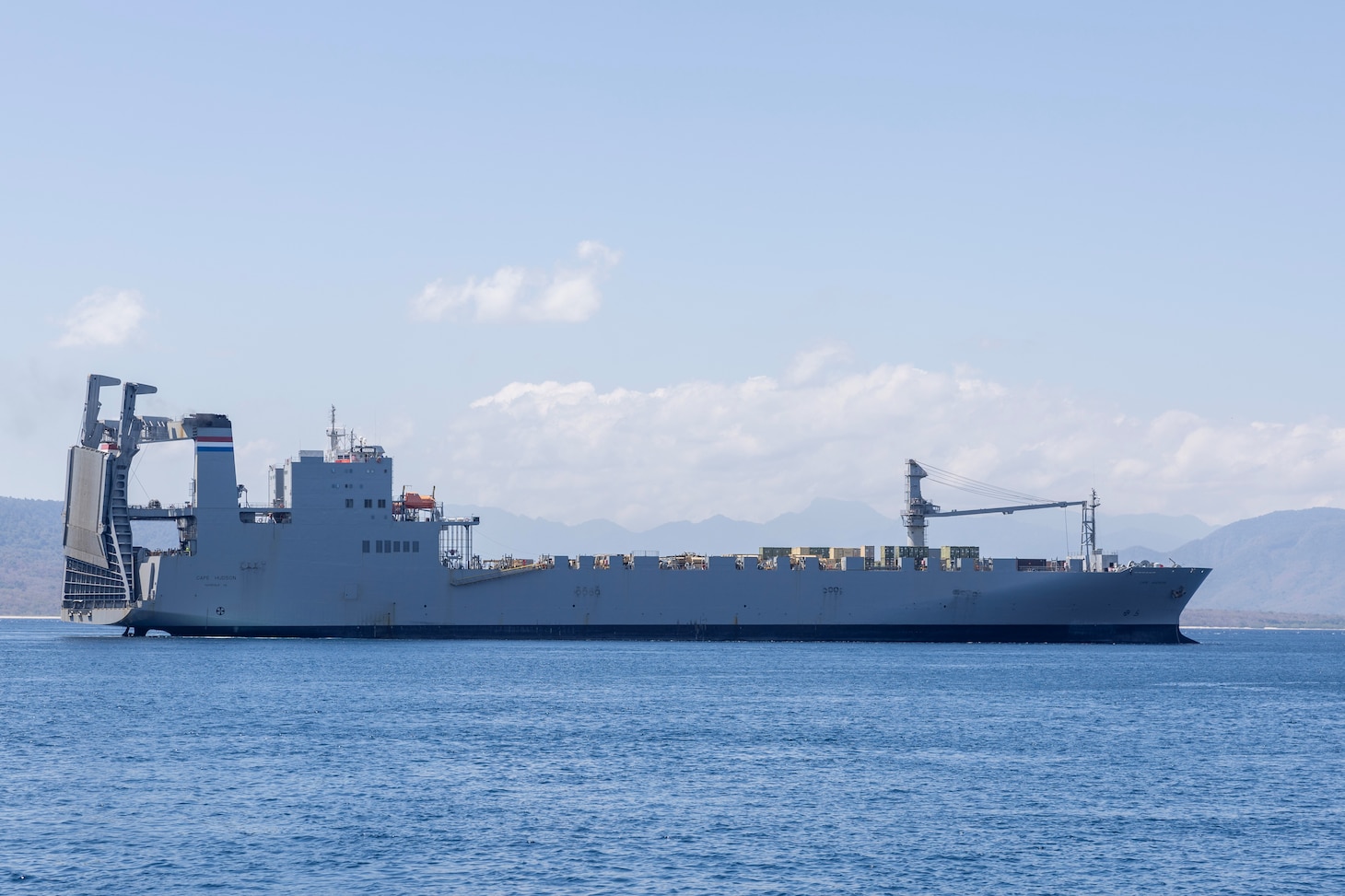 Military Sealift Command chartered ship MV Cape Hudson (T-AKR 5066) arrives at the Port of Banyuwangi, Indonesia, to offload equipment in support of exercise Super Garuda Shield 2024, Aug. 13. Super Garuda Shield, one of the largest multinational exercises in the Indo-Pacific region, continues to solidify the U.S.-Indonesia Major Defense Partnership Defense Cooperation Agreement and advances cooperation in support of a free and open Indo-Pacific region. (Navy photo by Grady T. Fontana)