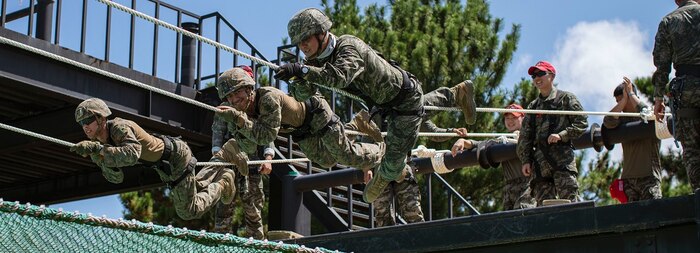 U.S. Marines assigned to the 15th Marine Expeditionary Unit, and Republic of Korea Marines assigned to 1st Battalion, 7th Brigade, 1st ROK Marine Division, conduct a simulated rope river crossing during advanced mountain warfare training led by Republic of Korea Marines at ROK Marine Corps Base Pohang, South Korea, Aug. 13, 2024.