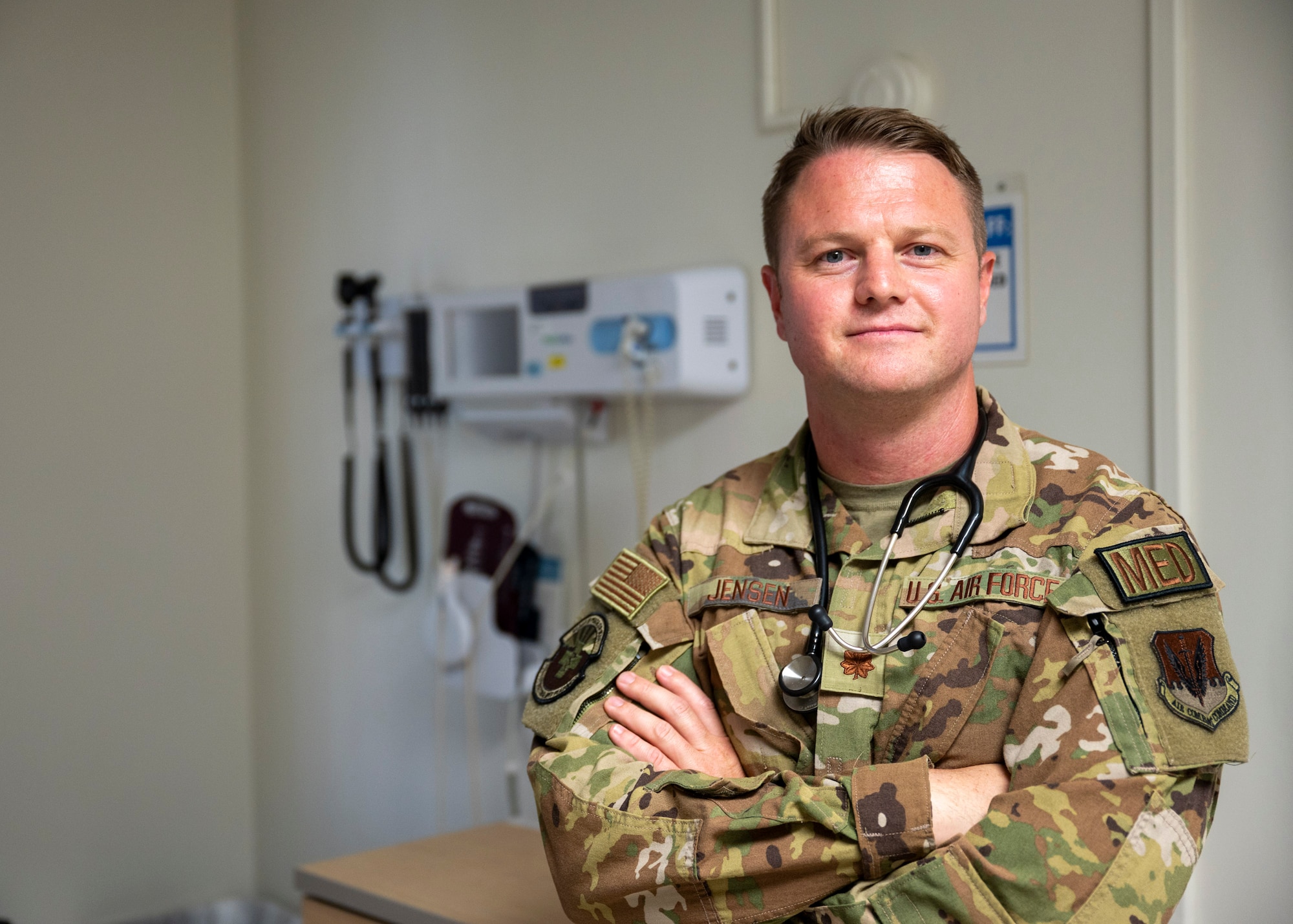 U.S. Air Force Maj. Michael Jensen, 355th Medical Group aeromedical nurse practitioner, poses for a photo at Davis-Monthan Air Force Base, Arizona, Aug. 14, 2024. As an ANP, Jensen provides care to Airmen who take part in flying missions, ensuring they are fit to fight. (U.S. Air Force photo by Airman 1st Class William Finn V)
