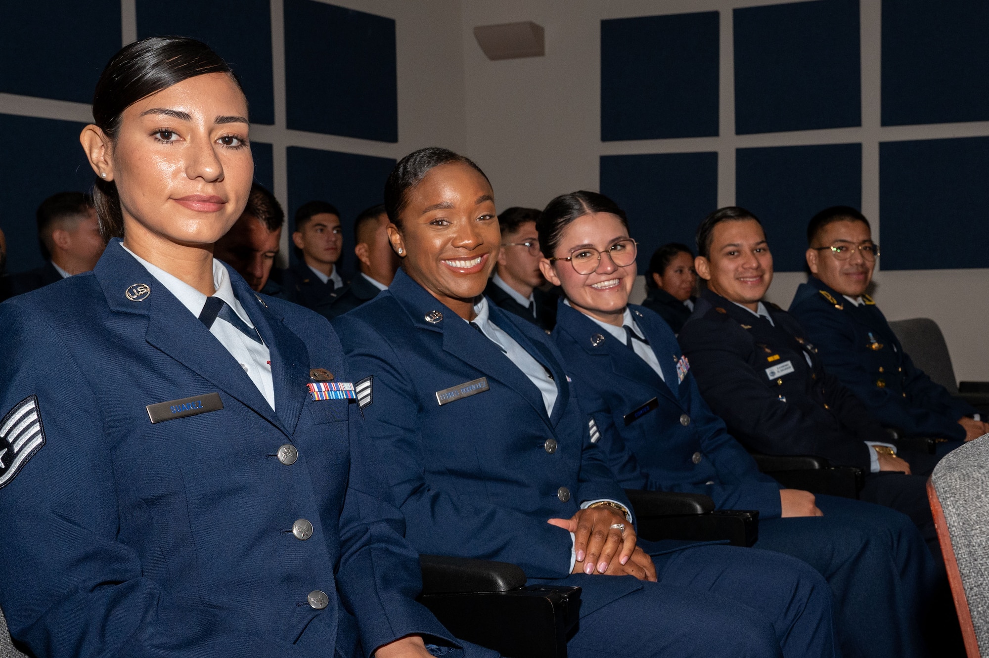 U.S. and international military students sit at the Inter-American Air Forces Academy graduation ceremony at JBSA-Lackland, Texas, Aug. 7, 2024.
