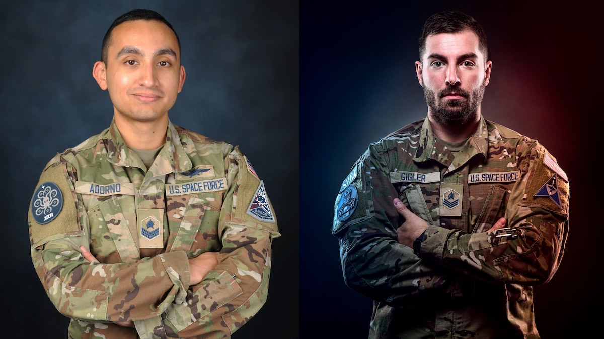 U.S. Space Force graphic highlighting Sgt. Scott Adorno and Sgt. John Gigler as they pose for photos used in a feature story. The image displays both Guardians side by side.