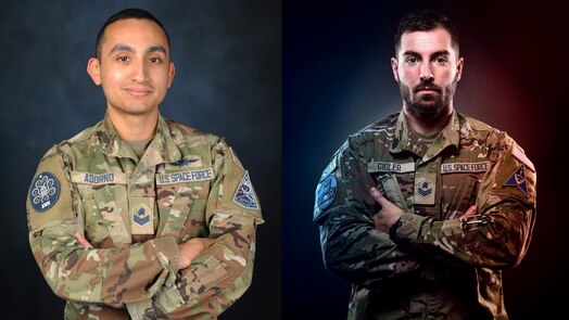  U.S. Space Force graphic highlighting Sgt. Scott Adorno and Sgt. John Gigler as they pose for photos used in a feature story. The image displays both Guardians side by side.