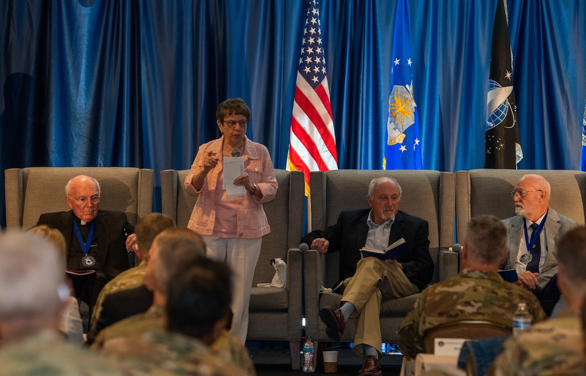 Retired Maj. Gen. Lorraine Richardson, a former Department of Air Force Chief of Chaplains, speaks during a panel at the annual U.S. Air Force Chaplain Corps summit in Arlington, Va., Aug. 8, 2024. A panel of six retired U.S. Air Force Chiefs of Chaplains shared insights from their time in service, such as the Air Force downsizing, 9/11, the Global War on Terrorism, and how religious support teams can provide for Airmen and Guardians. (U.S. Air Force photo by Staff Sgt. Emmeline James)