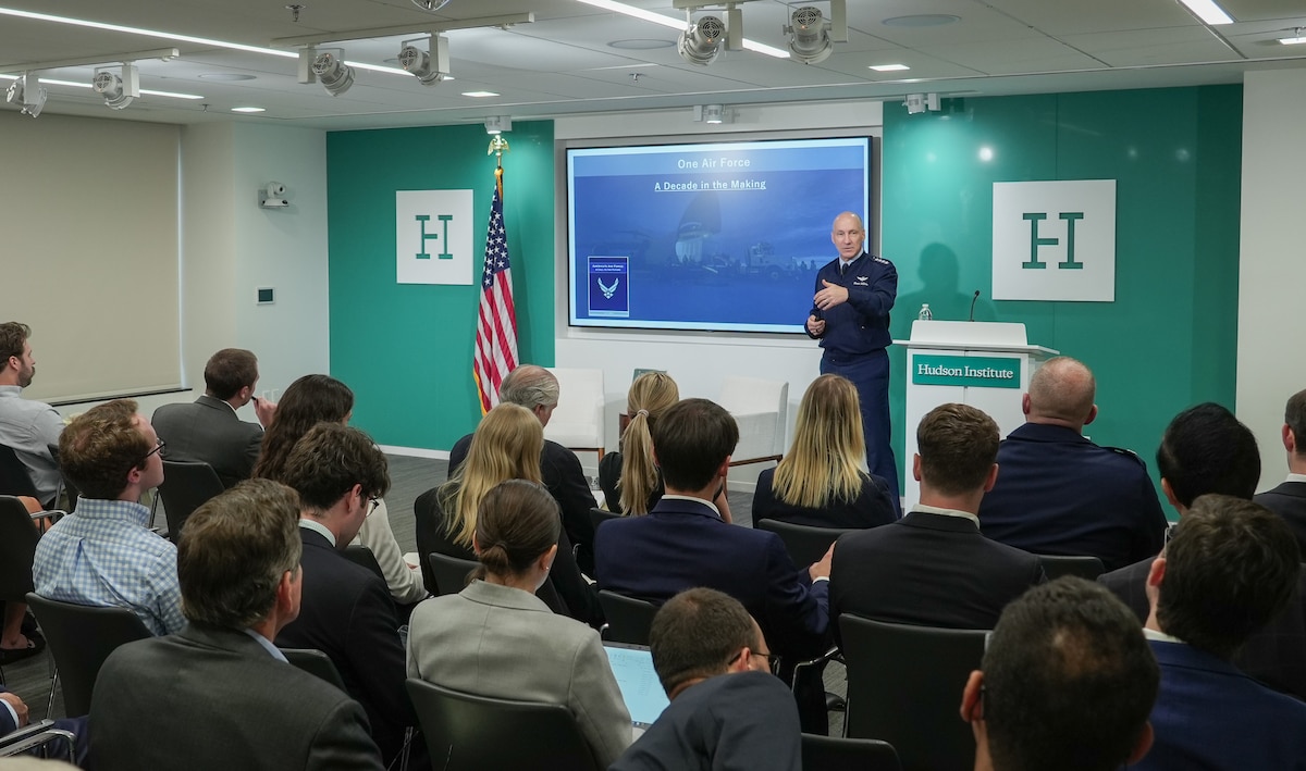 Air Force Chief of Staff Gen. David Allvin speaks during a Hudson Institute think tank engagement, Aug. 16, 2024, in Washington, D.C. Allvin emphasized the Air Force must continue evolving into a highly integrated and lethal “one Air Force” if it is to successfully compete, deter, and win in today’s strategic environment. (Courtesy photo)