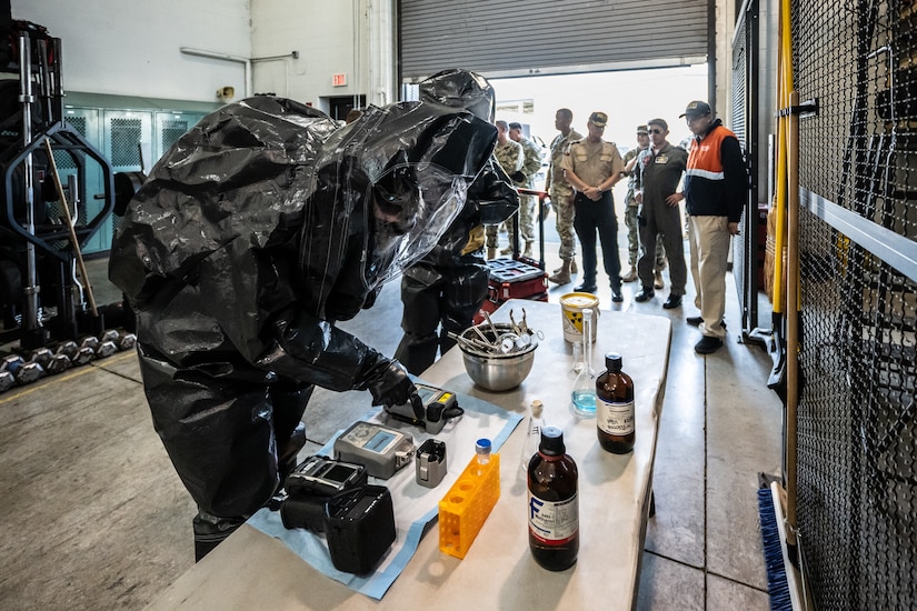 U.S. Army Staff Sgt. Zack Baise, a survey team member for the Kentucky National Guard’s 41st Civil Support Team, demonstrates the unit’s chemical detection capabilities for a group of Ecuadorian military and civilian emergency management officials during a tour of the Kentucky Air National Guard Base in Louisville, Ky., Aug. 6, 2024. The Ecuadorians were visiting as part of the State Partnership Program to learn more about the Kentucky Guard’s emergency response capabilities and interagency cooperation across the state. (U.S. Air National Guard photo by Dale Greer)