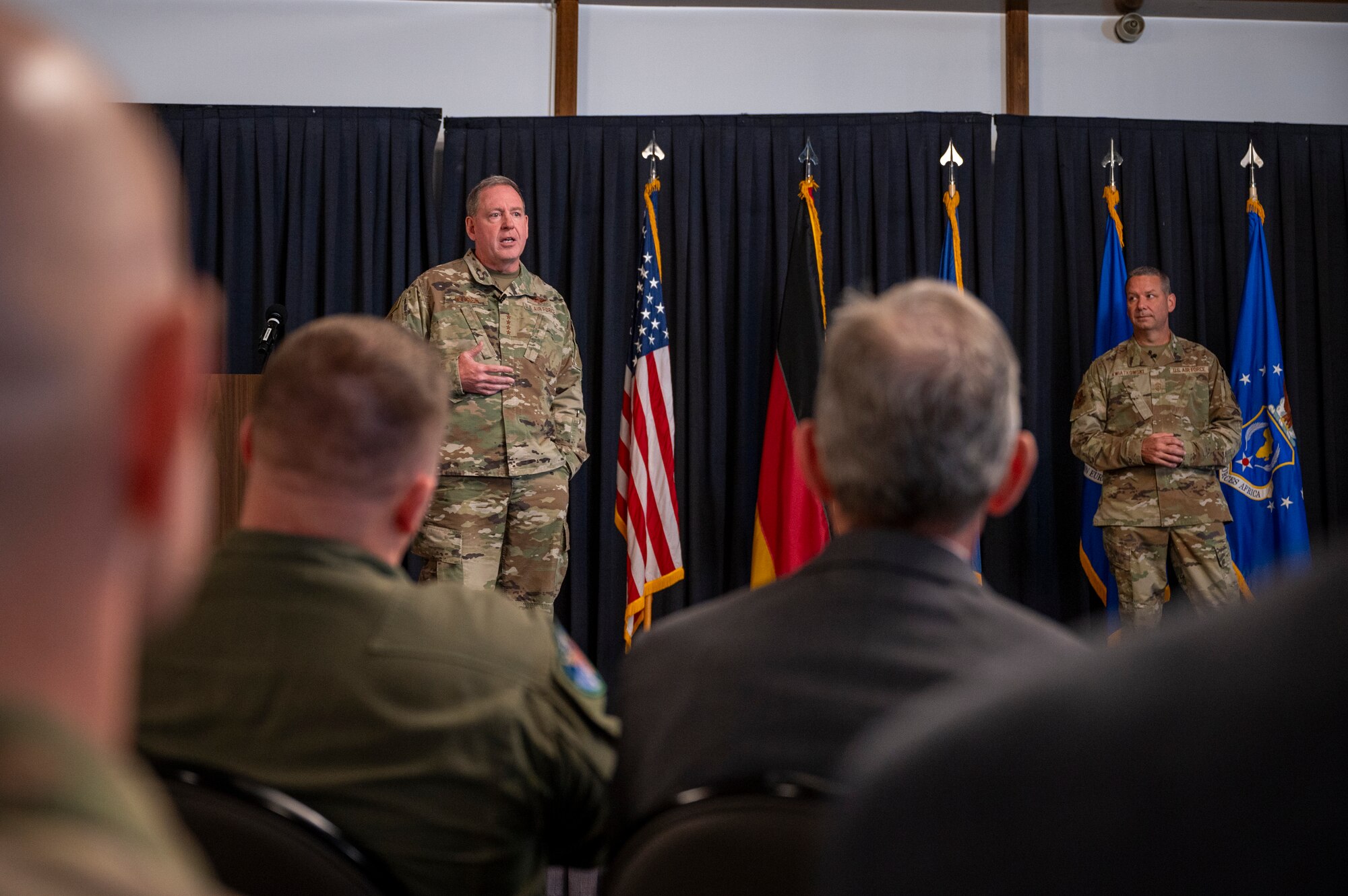 U.S. Air Force Gen. James B. Hecker, ​​U.S. Air Forces in Europe - Air Forces Africa commander, speaks with Airmen during an all-call at Ramstein Air Base, Germany, Aug. 19, 2024.