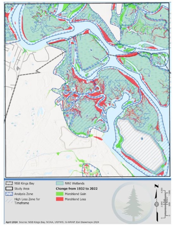 This map shows marsh gains and losses in the Naval Sub Base Kings Bay channel from 1932 to 2022. (USACE photo)