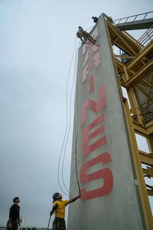 U.S. Marines with Golf Company, 2nd Recruit Training Battalion, descends the rappel tower at Marine Corps Recruit Depot San Diego, California, Aug. 16, 2024. The rappel tower provides opportunities for the new Marines to gain confidence in themselves and their gear, and is one of the last training events Marines will conduct while aboard MCRD San Diego. (U.S. Marine Corps photo by Lance Cpl. Francisco Angel)
