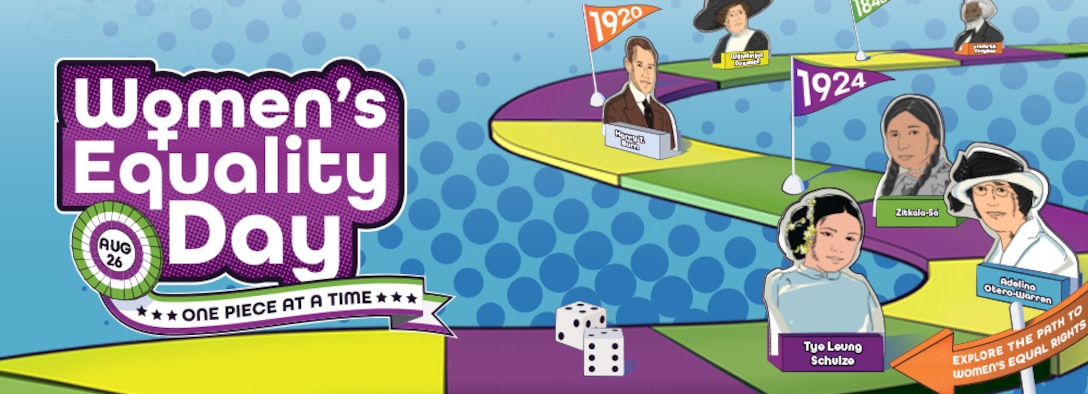 This Women's Equality Day web banner featuring important figures in the history of women's rights with an art style based on a game board.