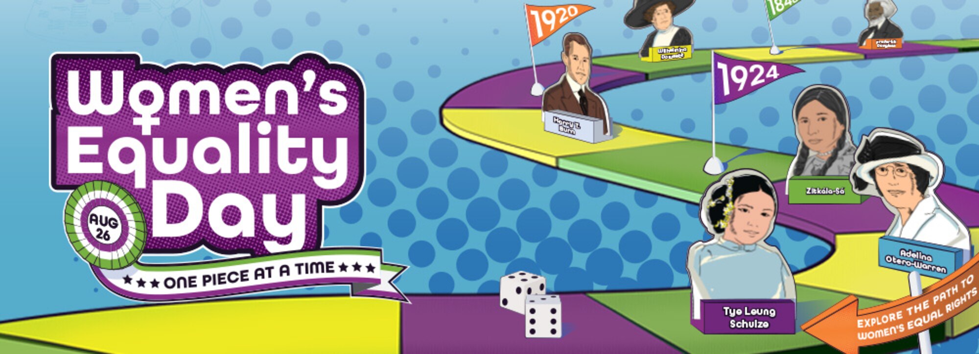 This Women's Equality Day web banner featuring important figures in the history of women's rights with an art style based on a game board.