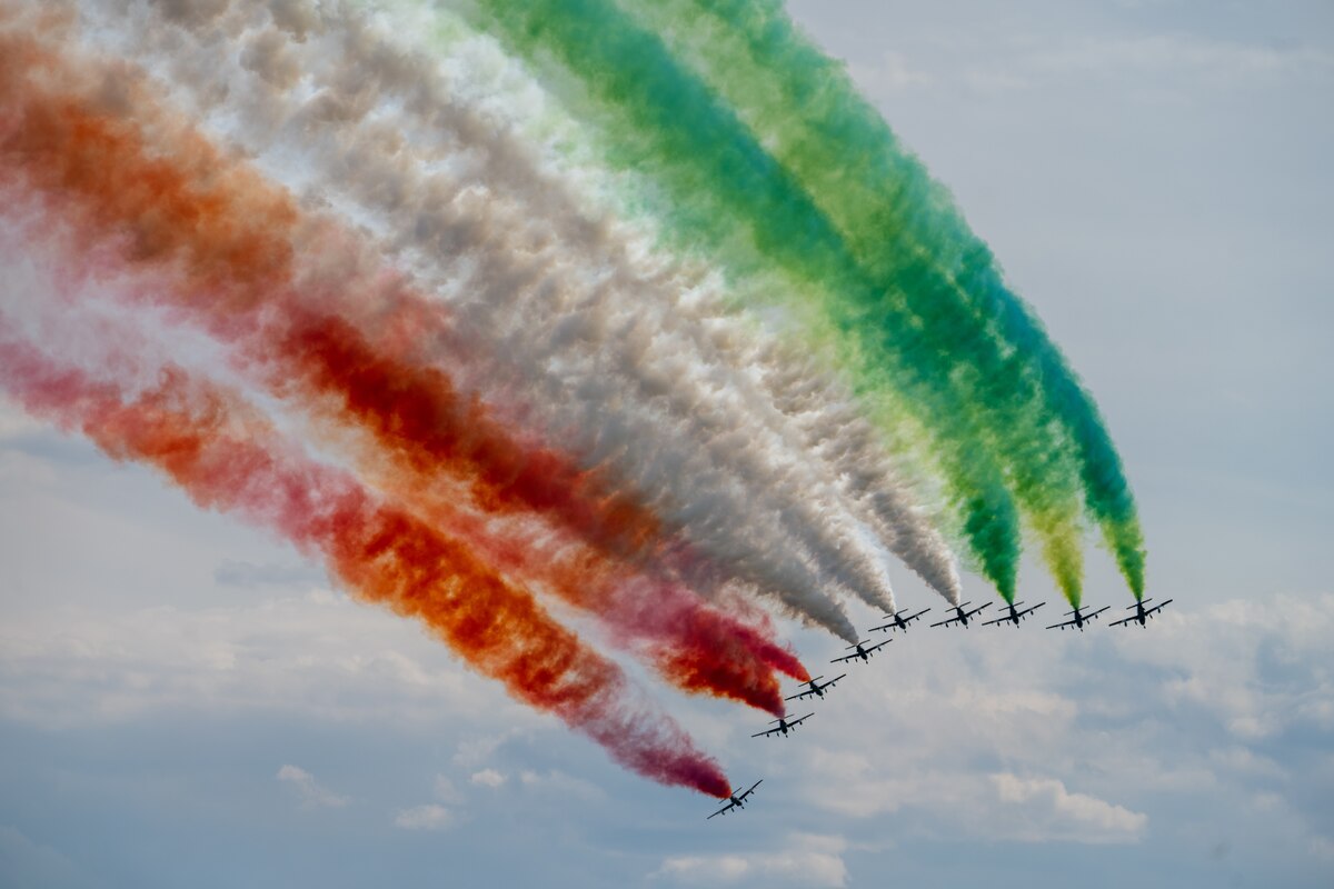 Italian Frecce Tricolori perform aerial demonstration at Bagotville Airshow.