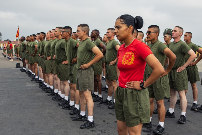 U.S. Marines with Alpha Company, 1st Recruit Training Battalion, stand in formation before their motivational run at Marine Corps Recruit Depot San Diego, California, Aug. 15, 2024. The company motivational run is a three-mile cadence run conducted around the Depot and is the last physical training event the Marines will conduct before they graduate from MCRD San Diego. The event is also the first-time friends and families will see their newly transformed Marines. (U.S Marine Corps Cpl. Sarah M. Grawcock)