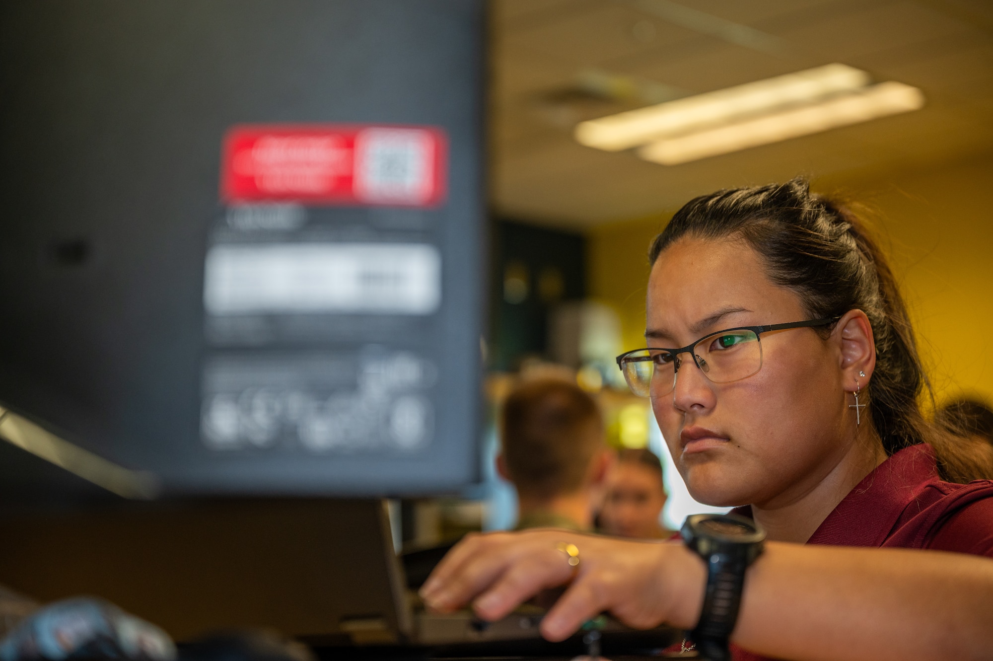 Rochelle Elkes, a Rose-Hulman Institute of Technology student, works on one of the many projects the interns had received at Whiteman Air Force Base, Mo., July 29, 2024. The 509th Maintenance Group Research and Engineering shop’s summer intern cohort is a program where selected interns from high school, college and Air Force ROTC are given the opportunity to work on projects, based on their fields of study. (U.S. Air Force photo by Airman 1st Class Bryce Moore)