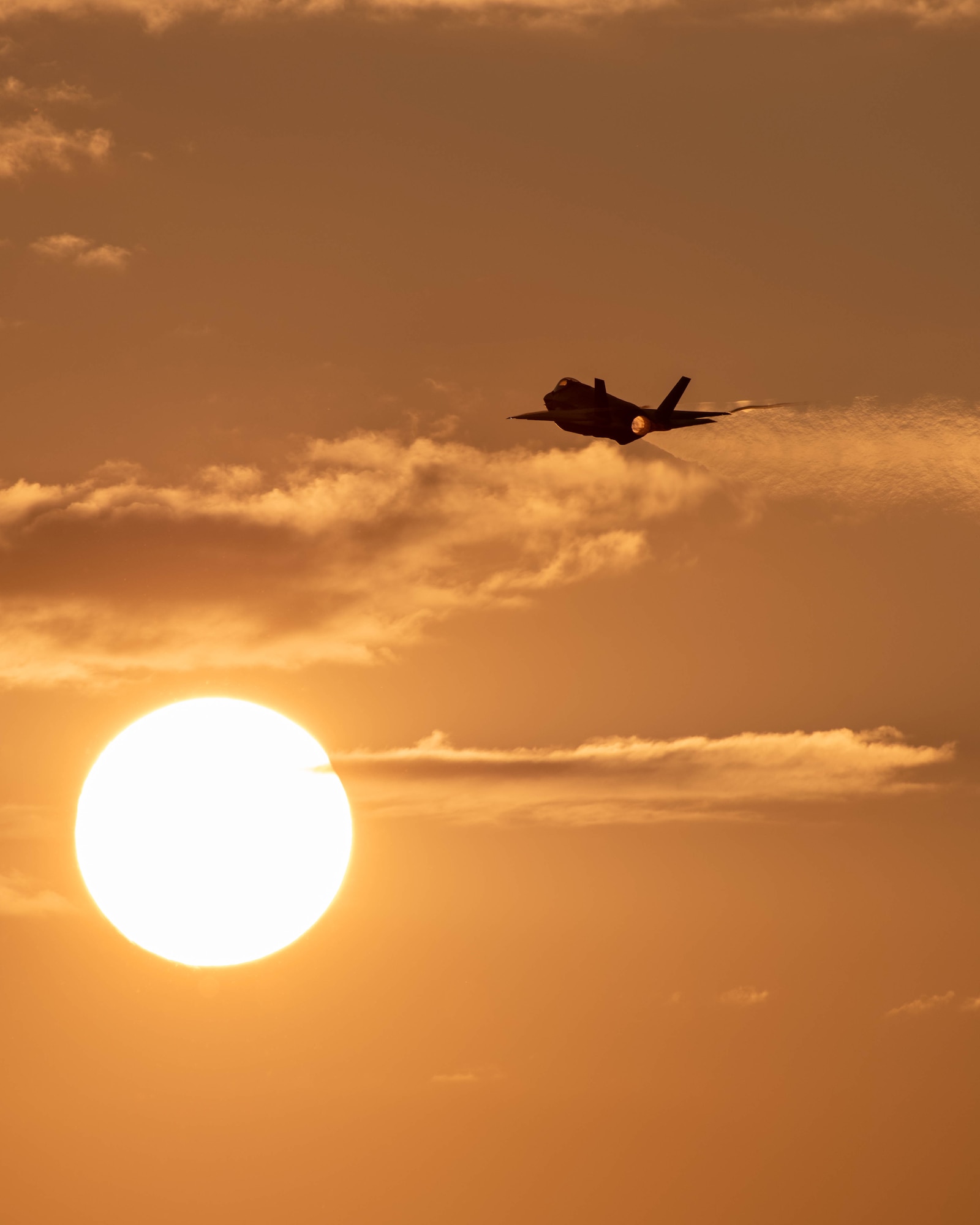 Silhouette of an F-35A flying into the sunset.
