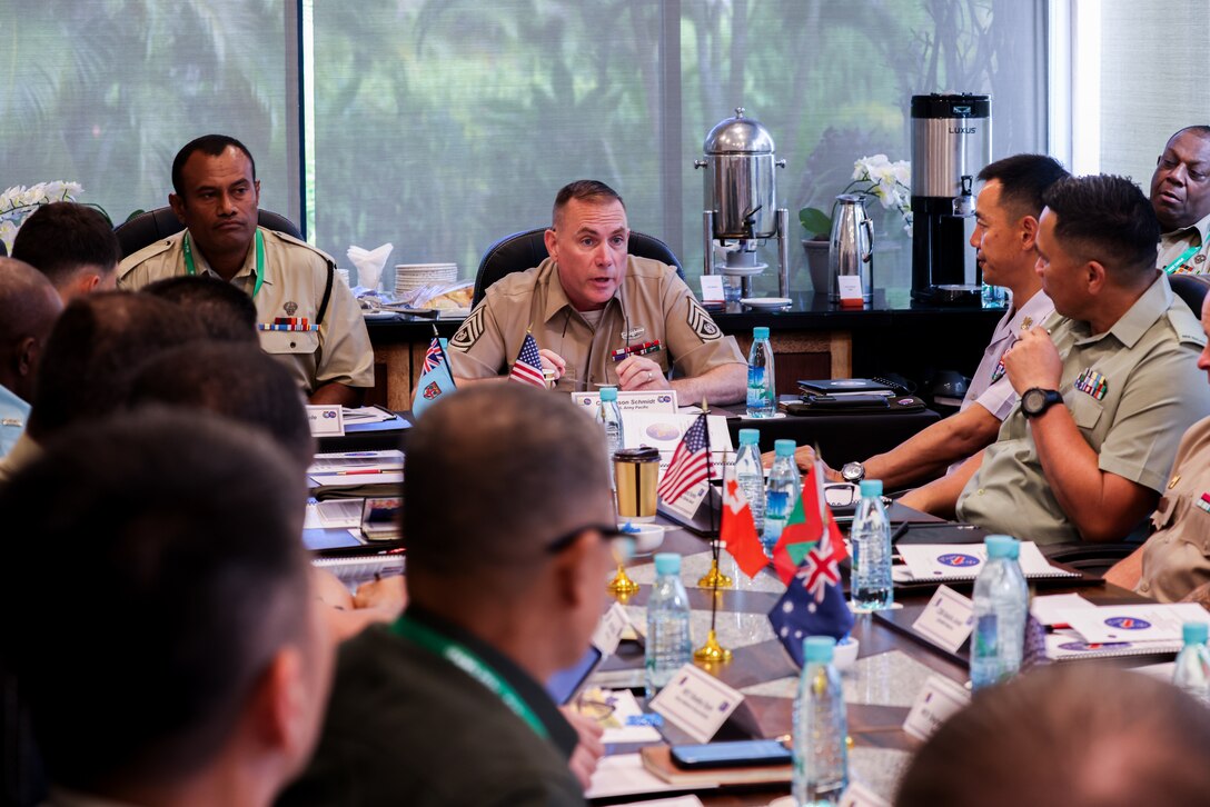 ommand Sgt. Maj. Jason A. Schmidt the command sergeant major of U.S. Army Pacific addresses the importance of Non-Commissioned Officers during “the role of the NCO in the Indo-Pacific Strategic Environment” at the 48th annual Indo-Pacific Armies Management Seminar, August 14, 2024.