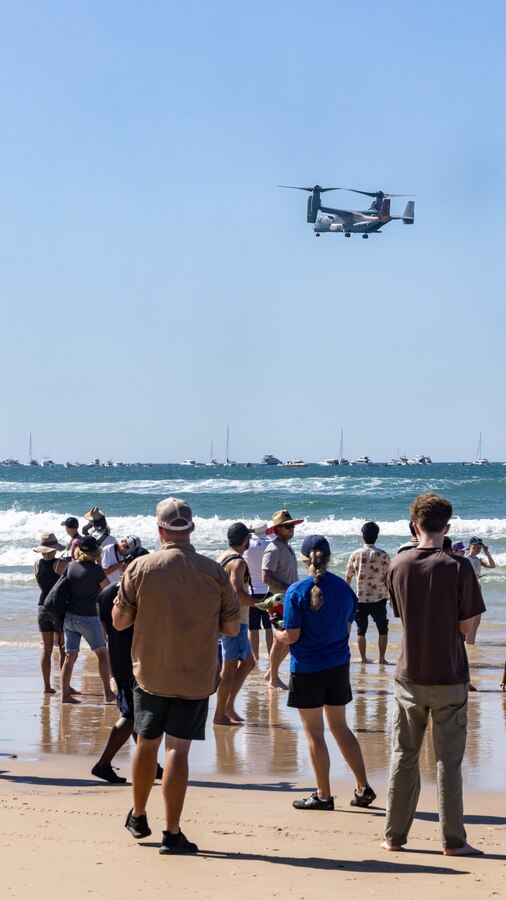 U.S. Marines with Marine Medium Tiltrotor Squadron 268 (Reinforced), Marine Rotational Force – Darwin 24.3, perform a fly by demonstration in an MV-22B Osprey during the Pacific Airshow Gold Coast in Gold Coast, QLD, Australia, Aug. 17, 2024. MRF-D’s participation in the Pacific Airshow Gold Coast demonstrates the United States Marine Corps’ commitment to international partnerships and highlights the close military ties between the United States and Australia, fostering interoperability and cooperation between their armed forces. (U.S. Marine Corps photo by Cpl. Earik Barton)