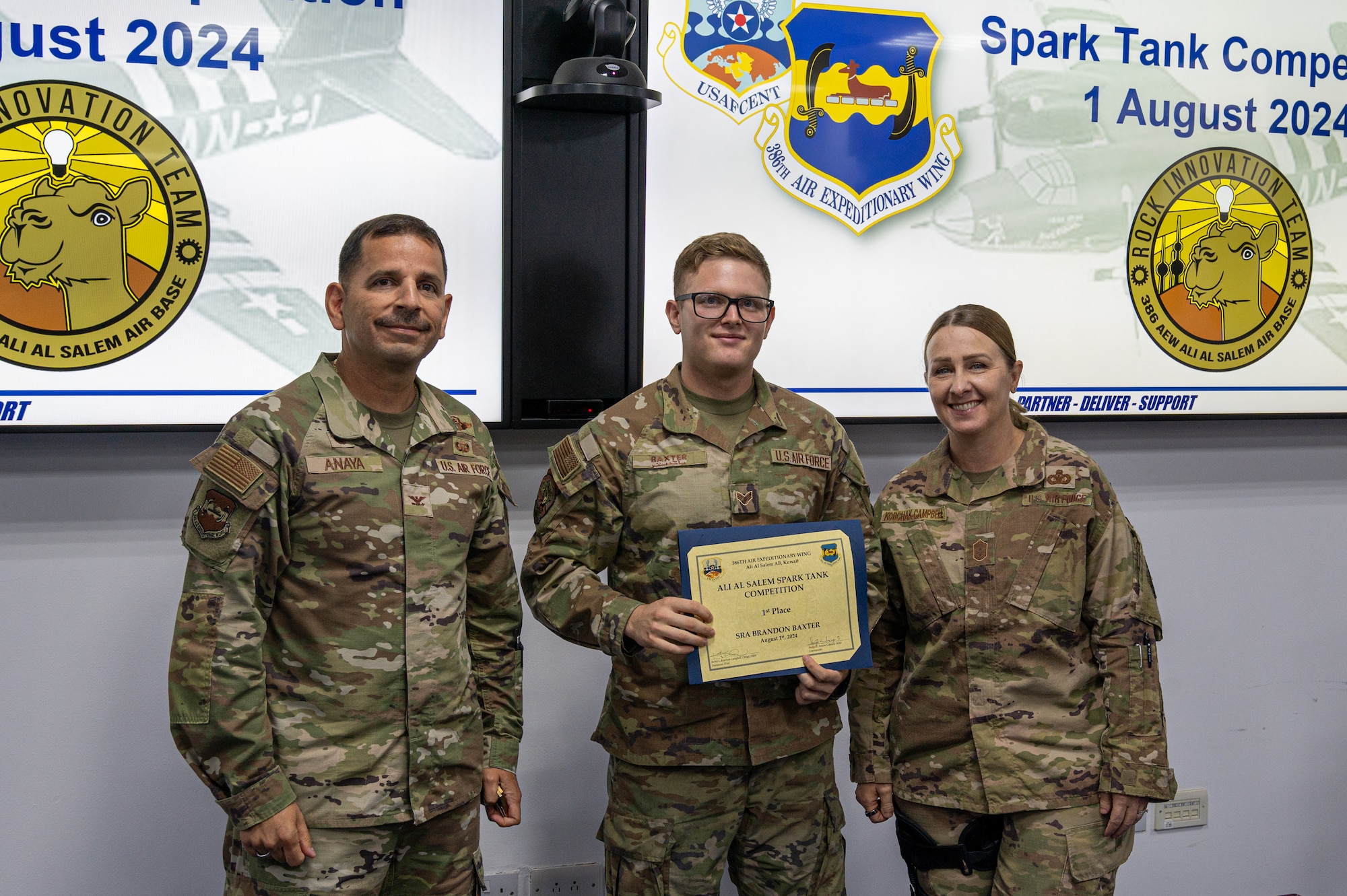 Senior Airman Brandon Baxter from the 41st Expeditionary Airlift Squadron won first place during an innovation competition