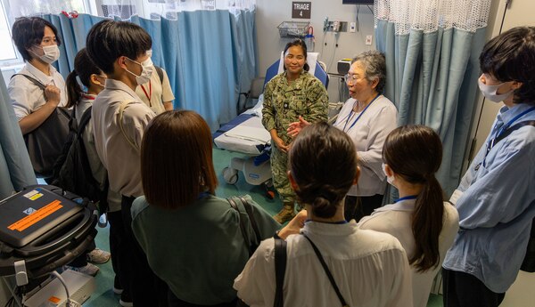 YOKOSUKA, Japan (Aug. 7, 2024) U.S. Navy Medicine Readiness and Training Command (USNMRTC) Yokosuka hosted a nursing student exchange with Yokohama City University at U.S. Naval Hospital (USNH) Yokosuka, Aug 7 to strengthen medical partnerships with their host nation counterparts. Nurses from USNH Yokosuka welcomed the group of university nursing students and faculty members for a tour of the hospital facilities, concentrating on the areas of the hospital that prominently feature nurses such as the emergency room, maternal infant unit, and multi-service unit. (U.S. Navy photo by Daniel Taylor/USNMRTC Yokosuka Public Affairs)