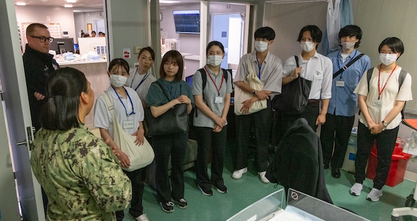 YOKOSUKA, Japan (Aug. 7, 2024) U.S. Navy Medicine Readiness and Training Command (USNMRTC) Yokosuka hosted a nursing student exchange with Yokohama City University at U.S. Naval Hospital (USNH) Yokosuka, Aug 7 to strengthen medical partnerships with their host nation counterparts. Nurses from USNH Yokosuka welcomed the group of university nursing students and faculty members for a tour of the hospital facilities, concentrating on the areas of the hospital that prominently feature nurses such as the emergency room, maternal infant unit, and multi-service unit. (U.S. Navy photo by Daniel Taylor/USNMRTC Yokosuka Public Affairs)