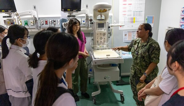 YOKOSUKA, Japan (Aug. 7, 2024) U.S. Navy Medicine Readiness and Training Command (USNMRTC) Yokosuka hosted a nursing student exchange with Yokohama City University at U.S. Naval Hospital (USNH) Yokosuka, Aug 7 to strengthen medical partnerships with their host nation counterparts. Nurses from USNH Yokosuka welcomed the group of university nursing students and faculty members for a tour of the hospital facilities, concentrating on the areas of the hospital that prominently feature nurses such as the emergency room, maternal infant unit, and multi-service unit. (U.S. Navy photo by Daniel Taylor/USNMRTC Yokosuka Public Affairs)