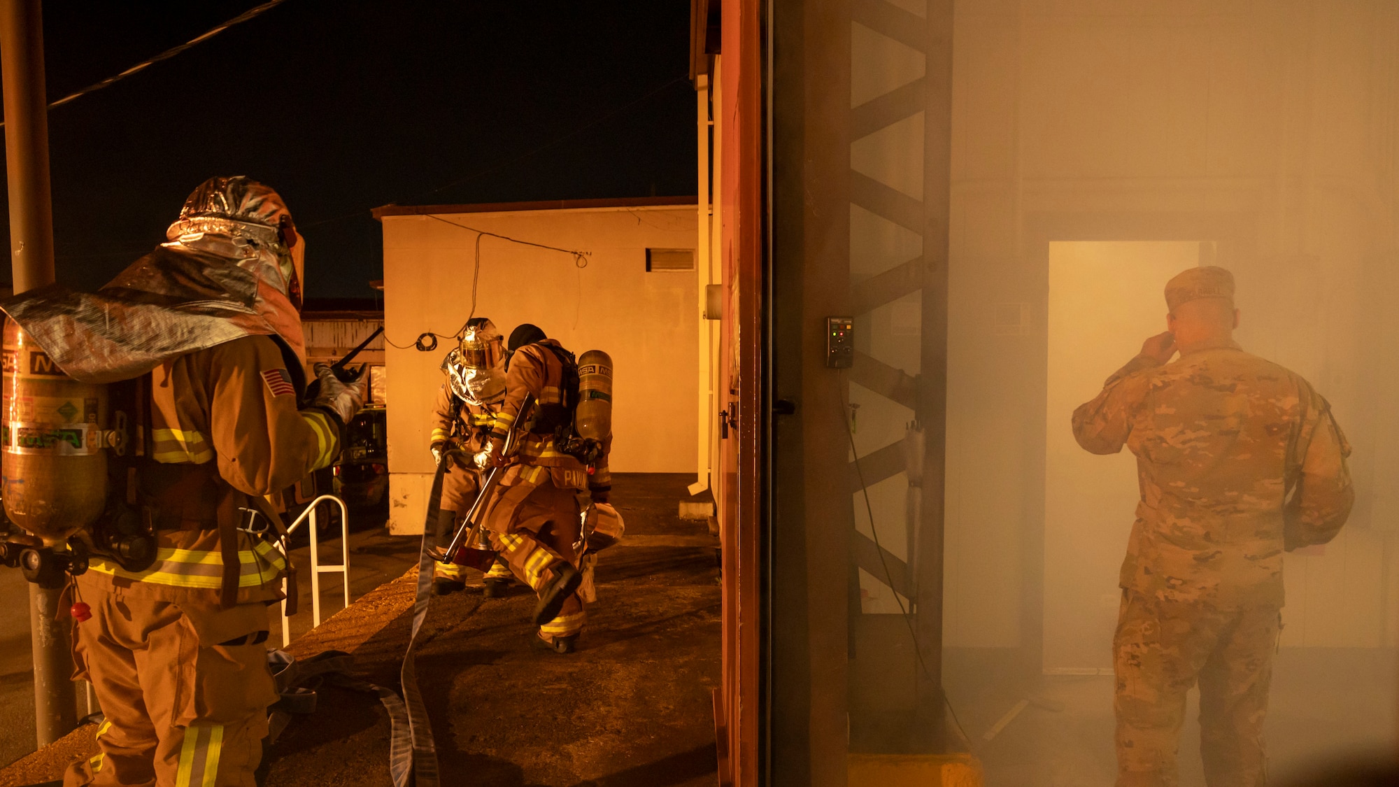 U.S. Air Force firefighters assigned to the 51st Civil Engineer Squadron secure gear after extinguishing a simulated fire while being evaluated by a wing inspection team member during Ulchi Freedom Shield 24 at Osan Air Base, Republic of Korea, Aug. 18, 2024. Training is conducted throughout the year to generate combat airpower at a moment’s notice, affirming the commitment to the ROK remains ironclad and ensures regional stability throughout the U.S. Indo-Pacific Command. UFS24 is an annual combined exercise conducted in support of the U.S.-ROK Mutual Defense Treaty that highlights the U.S. commitment to the alliance. (U.S. Air Force photo by Senior Airman Sabrina Fuller-Judd)