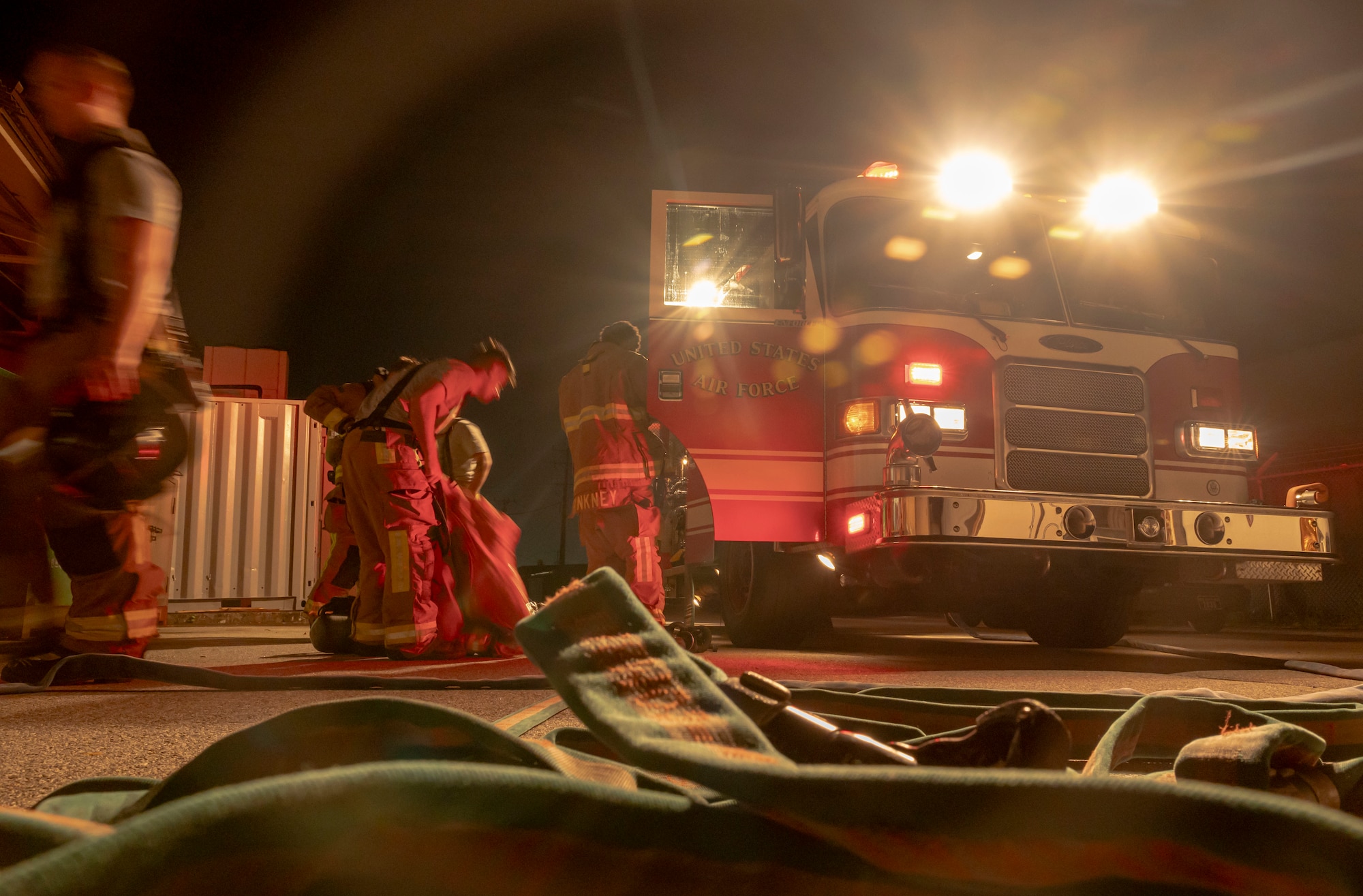 U.S. Air Force firefighters assigned to the 51st Civil Engineer Squadron pack up equipment after a simulated fire training during Ulchi Freedom Shield 24 at Osan Air Base, Republic of Korea, Aug. 18, 2024. Routine training is essential for 51st Fighter Wing Airmen to refine their warfighting proficiencies through practical application, concurrently enhancing their ability to respond skillfully to contingencies. UFS24 is an annual combined exercise conducted in support of the U.S.-ROK Mutual Defense Treaty that highlights the U.S. commitment to the alliance. (U.S. Air Force photo by Senior Airman Sabrina Fuller-Judd)