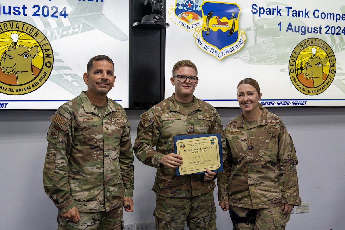 Senior Airman Brandon Baxter from the 41st Expeditionary Airlift Squadron won first place during an innovation competition