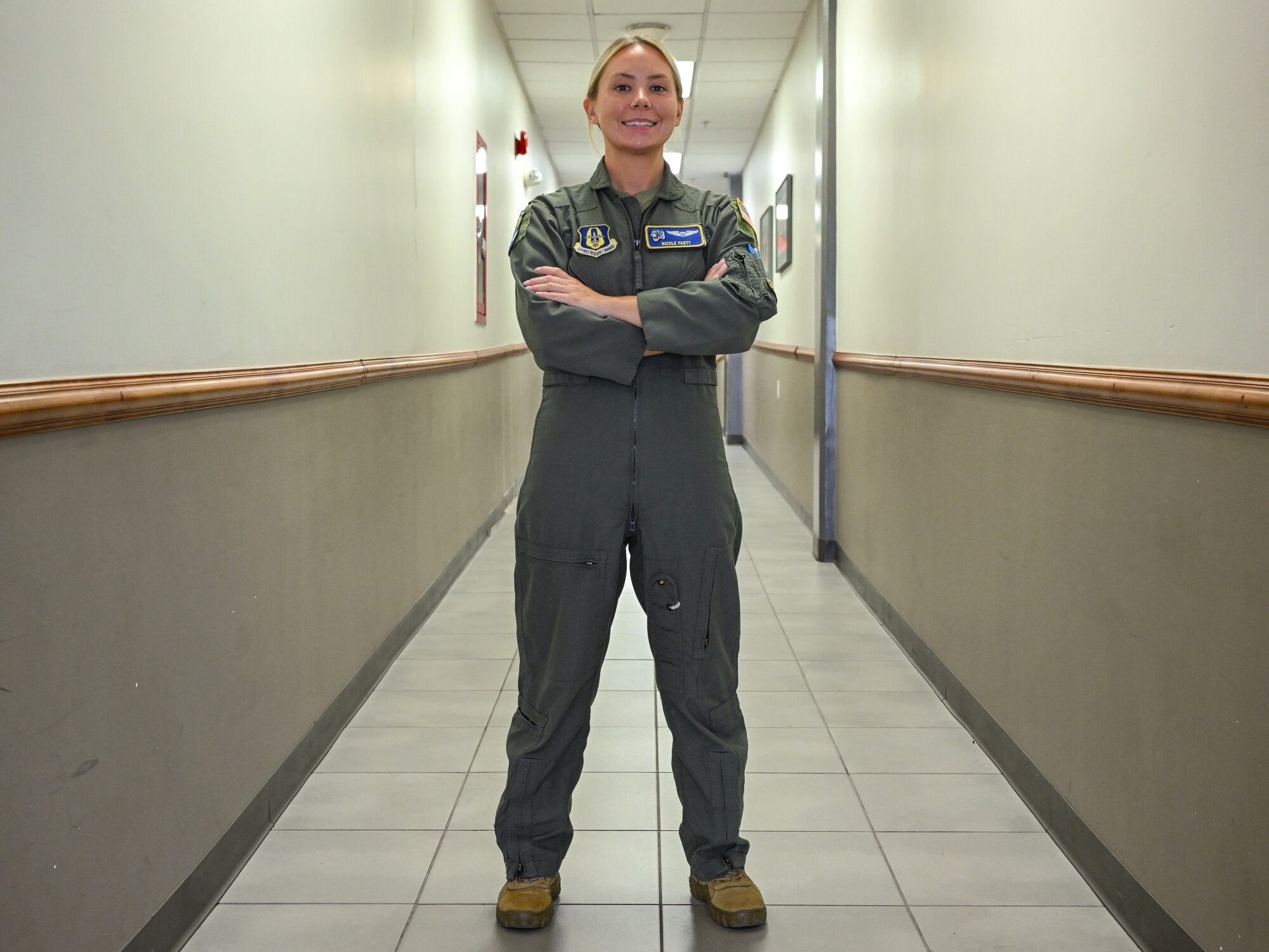 Capt. Nicole Faett, 757th Airlift Squadron pilot, poses for a photo at Youngstown Air Reserve Station, Ohio, August 20, 2024.
