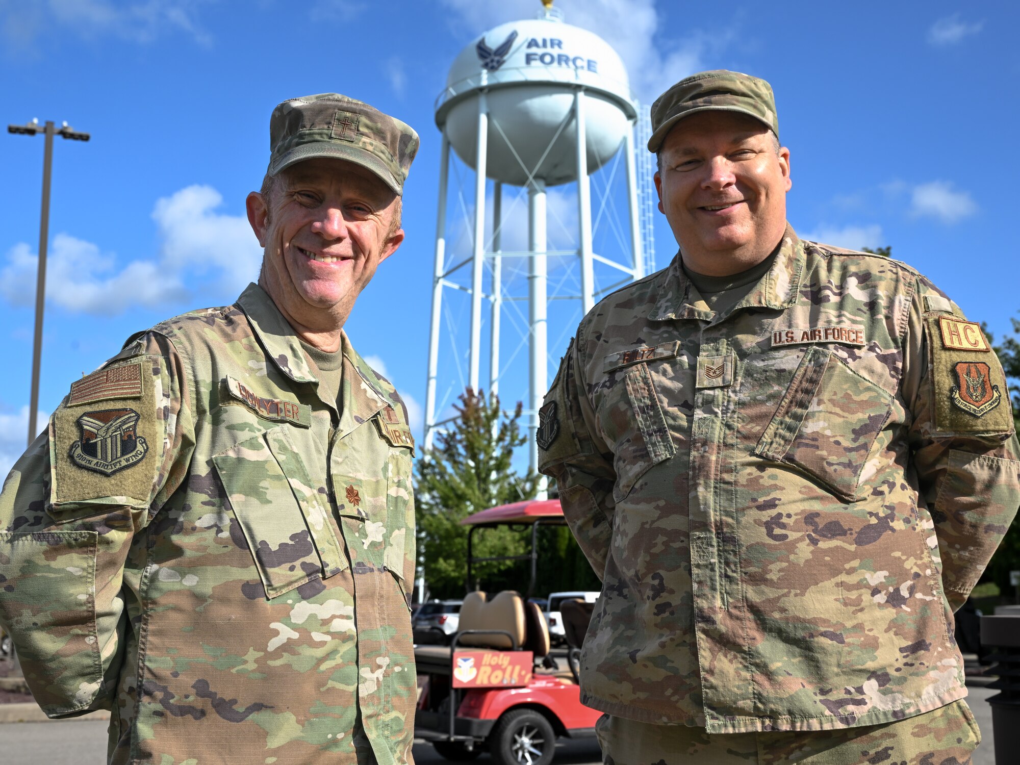 Maj. Jeffrey Lichlyter, 910th Airlift Wing chaplain, and Tech. Sgt. John Baltz, 910th AW noncommissioned officer in charge of chaplain operations, pose for a photo at Youngstown Air Reserve Station, Ohio, August 20, 2024.