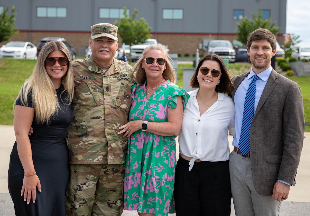 Command Sgt. Maj. Thomas Payton and his family during the 103rd BSB Change of Responsibility ceremony inn Harrodsburg, June 14, 2024.