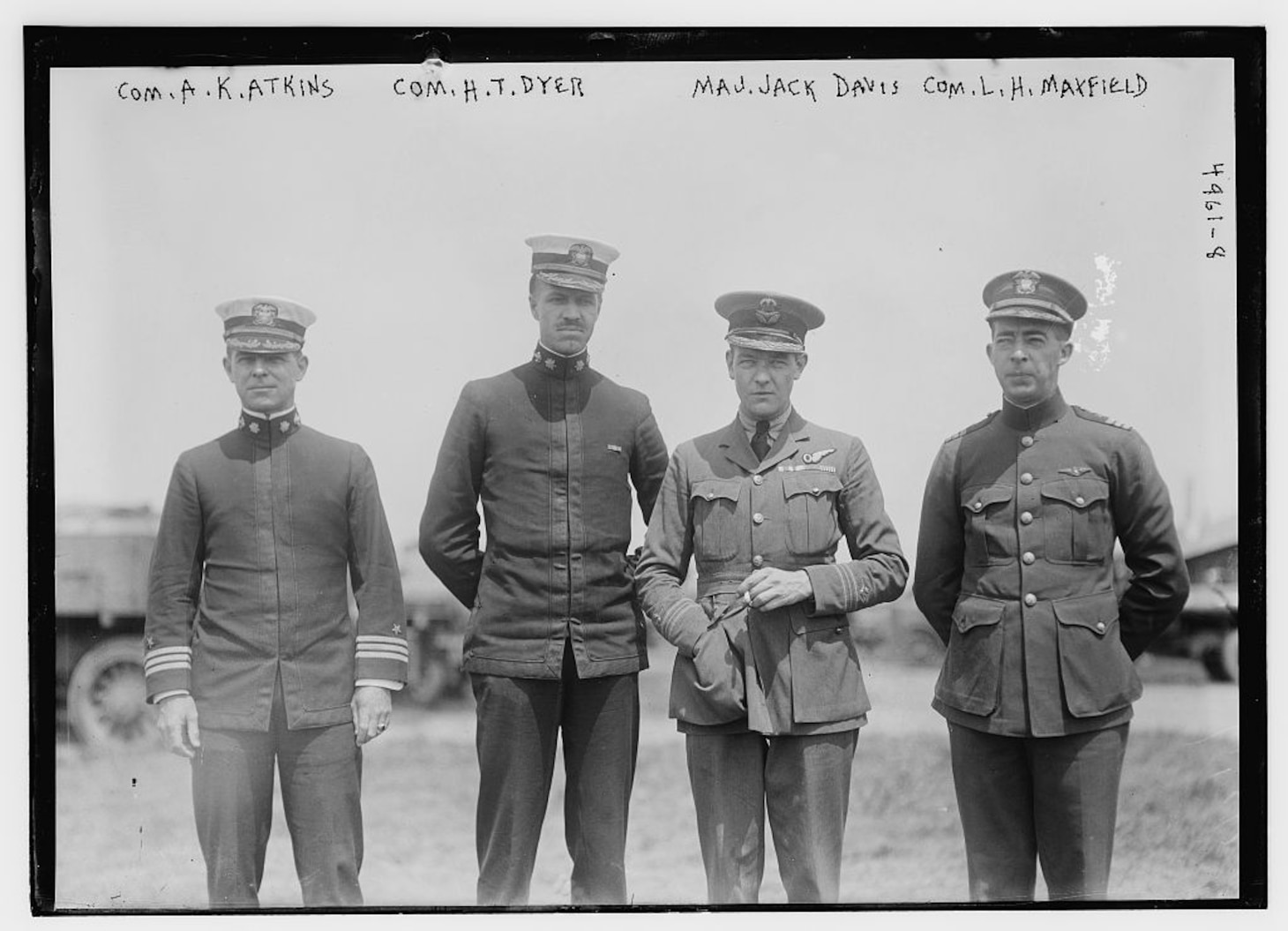 Photograph shows Commander Arthur Kennedy Atkins (1881–1964), Commander Horace Tyler Dyer (d. 1968), Royal Air Force Squadron Leader Jack Davis (erroneously labeled “Major”), and Commander Louis Henry Maxfield (1883–1921) at the time of the first transatlantic flight of the British airship R-34 in 1919 (LOC LC-B2- 4961-8 [P&P])