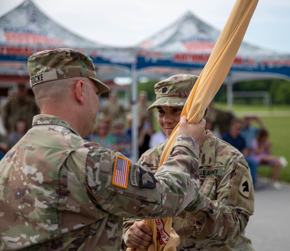 Lt. Col. Esther Platt relinquished command of the 103rd BSB to Lt. Col. Dayna Sanders during a dual-ceremony held in Harrodsburg, Ky., June 14, 2024.