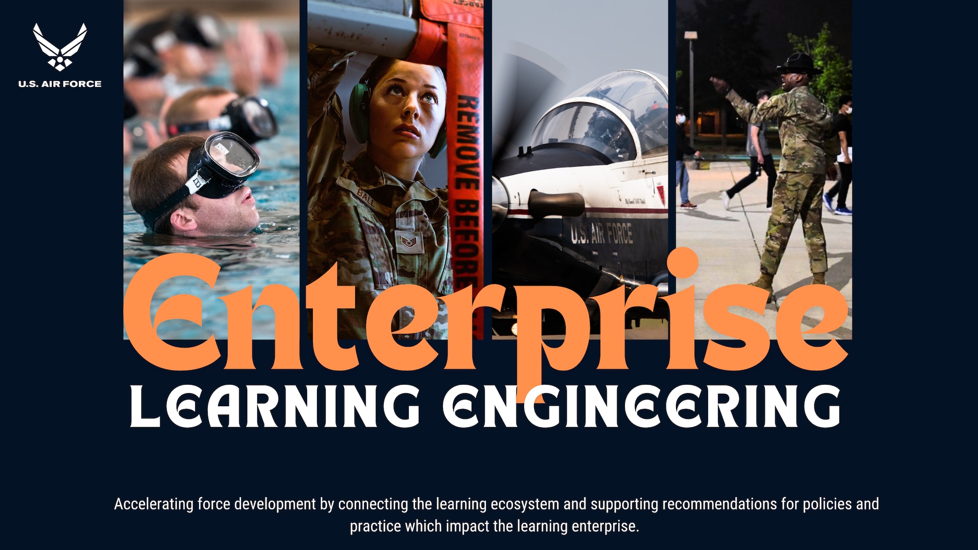 four pictures of Airmen in training including in a swimming pool, with aircraft munitions, in a T-6 taxing, and basic military training