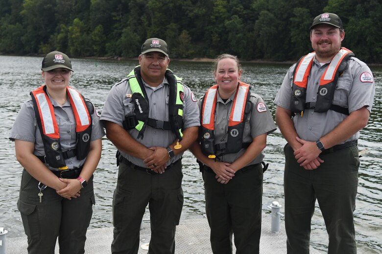From left to right, U.S. Army Ranger Intern Philicady Garland, Ranger David Landis, Ranger Danielle Packer and Ranger Ben Clark pose for a photo on Lake Barkley in Kuttawa, Kentucy, Aug. 14, 2024.
