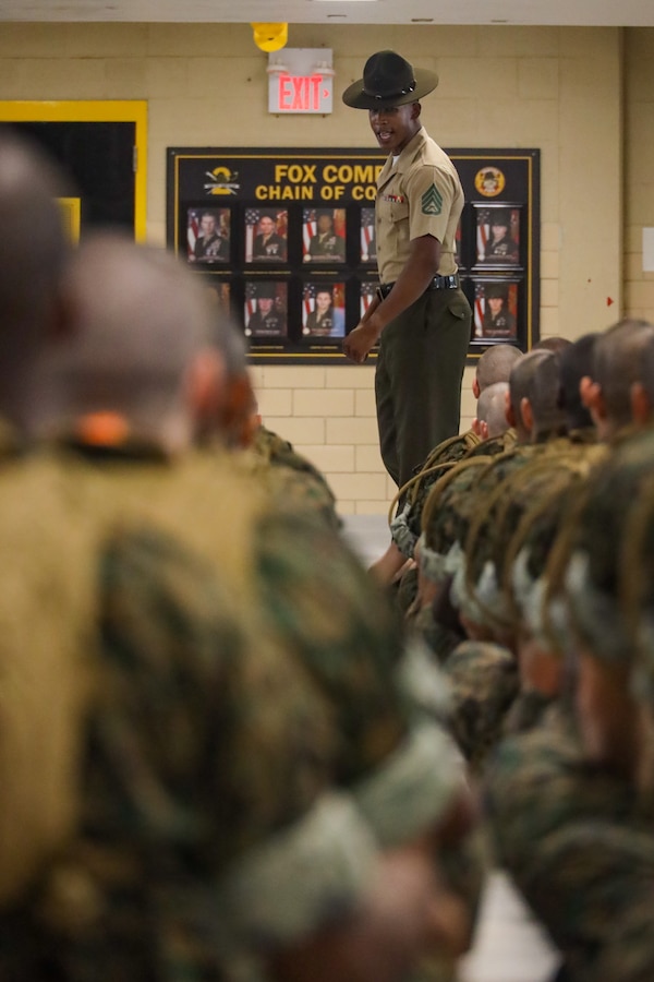 Recruits with Fox Company, 2nd Recruit Training Battalion, meet their drill instructors aboard Marine Corps Recruit Depot Parris Island, S.C., August 17, 2024. Pickup day is the first time recruits meet the drill instructors who will be with them throughout recruit training, ensuring their transformation from civilian to United States Marine. (U.S. Marine Corps photo by Sgt. Juan Munguia)