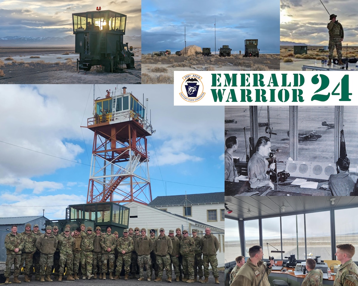 A collage of images from various members assigned to the 258th Air Traffic Control Squadron taken during Exercise Emerald Warrior 2024. (U.S. Air National Guard Illustration by Master Sgt. Bryan Hoover)