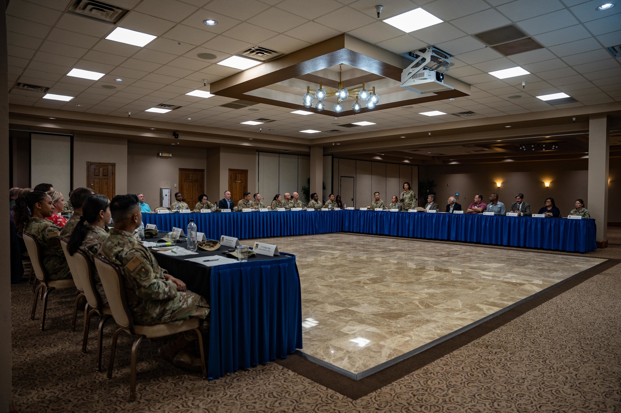 U.S. Air Force Maj. Gen. Jeannine M. Ryder, commander of the Air Force Medical Agency and director of the Defense Health Network Continental, speaks with 27th Special Operations Wing leadership during a roundtable discussion at Cannon Air Force Base, New Mexico, Aug. 13, 2024. The discussion focused on addressing obstacles to specialty medical care access for Cannon AFB and the surrounding community, such as medical licensing requirements and medical provider availability. (U.S. Air Force photo by Senior Airman Mateo Parra)