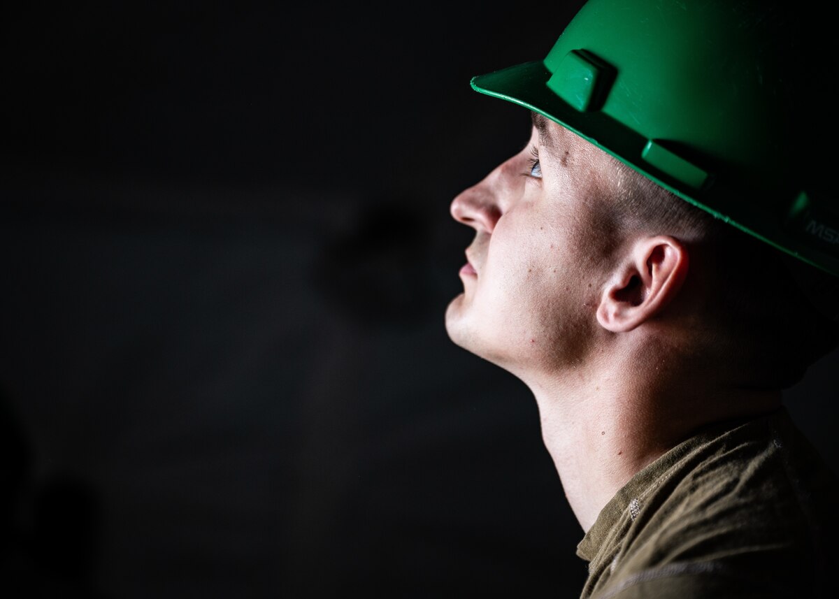 U.S. Air Force Senior Airman Dalton Newby, a civil engineer HVAC technician, 52nd Combat Communications Squadron, Robins Air Force Base, Georgia, inspects a tent during the initial setup