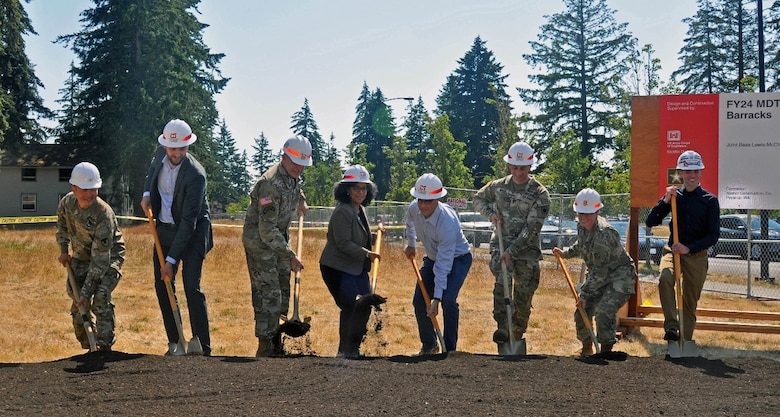 The U.S. Army broke ground on a military barracks project at Joint Base Lewis-McChord near Tacoma, Washington, on August 7, 2024. The new, one-of-a-kind facility will feature sustainable building materials and design techniques informed by research from ERDC.