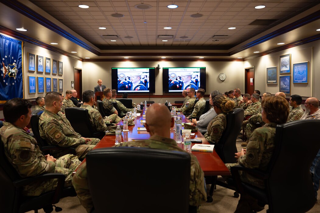 Chief Master Sergeant of the Space Force John Bentivegna, sits with joint leadership teams from across Goodfellow during the Wing Mission Brief at the Norma Brown building during a visit, Goodfellow Air Force Base, Texas, Aug. 16, 2024. The Wing Mission Brief introduces visitors to each of the groups and squadrons that fall under the 17th Training Wing, including geographically separated units, and explains how their operations support the 17th TRW’s mission. (U.S. Air Force photo by Airman 1st Class Brian Lummus)