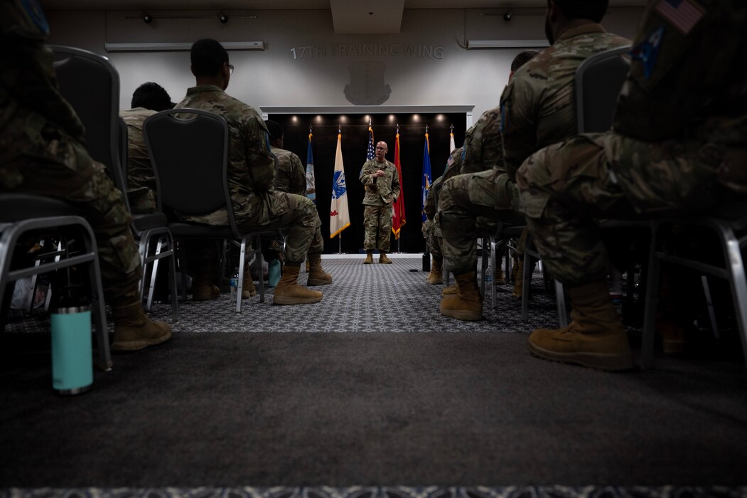 Chief Master Sergeant of the Space Force John Bentivegna speaks to Guardians assigned to Goodfellow Air Force Base during an all-call at the Powell Event Center during his visit, Goodfellow AFB, Texas, Aug. 16, 2024. Bentivegna briefed the Guardians of their role within the Department of Defense and how they contribute to the Great Power Competition. (U.S. Air Force photo by Airman 1st Class Brian Lummus)
