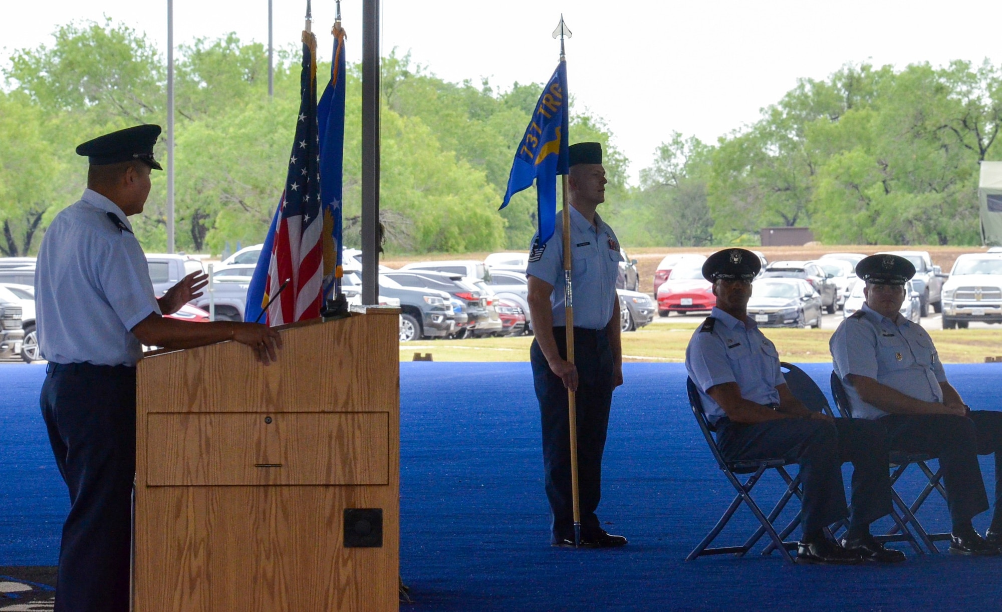 Lt. Col. Matthew Redaja, 319th Training Squadron commander, at his change of command ceremony at Joint Base San Antonio-Lackland, Texas, June 10, 2024.