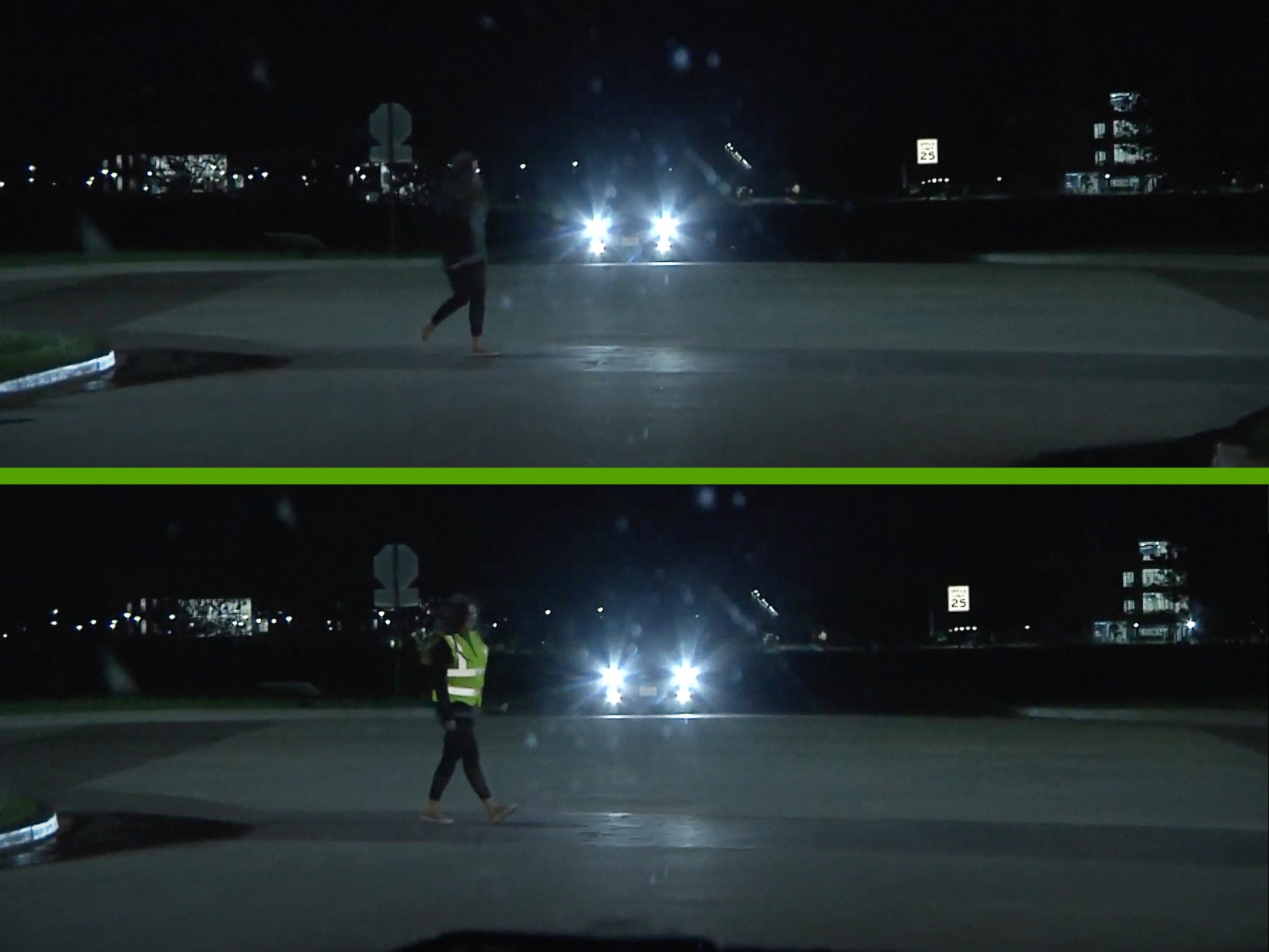 A person walking at night without reflective gear and the same person walking with a high-visibility vest.